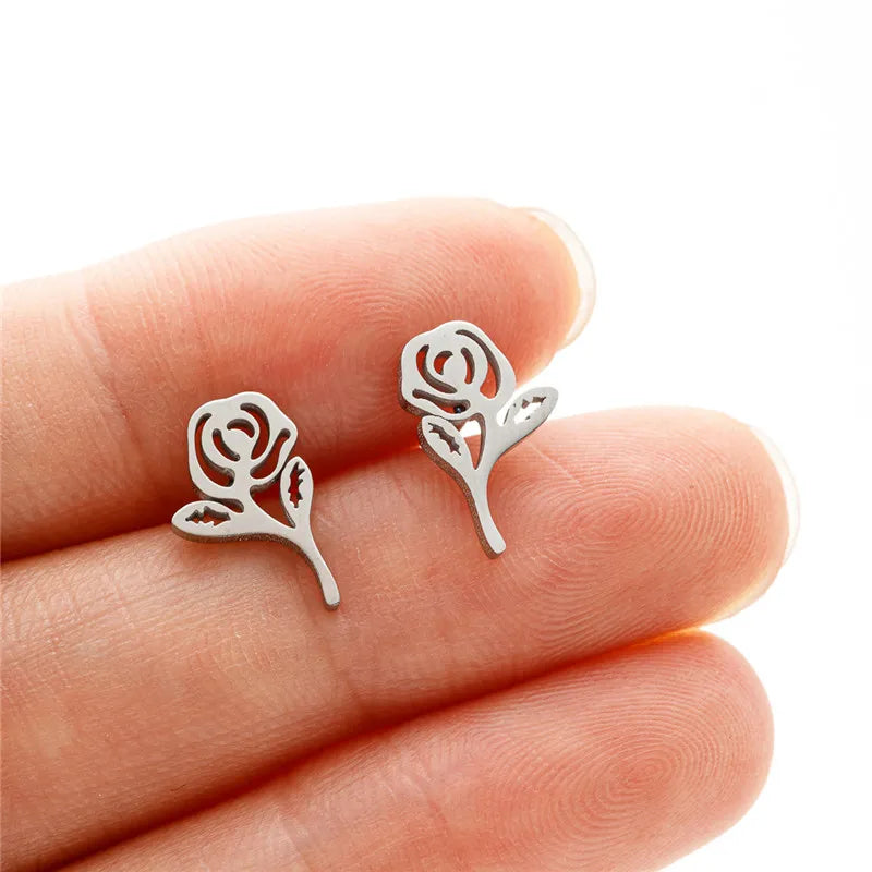 Multiple Stainless Steel Flower Stud Earrings Women Korean Daisy Mandala Rose Lotus Earings Piercing Jewelry Plant Oorbellen