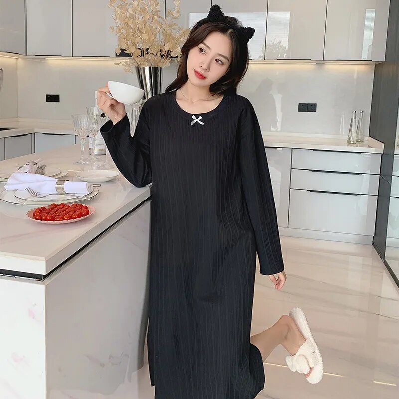 Modal Chic Long Knitted Women Home Dress O Neck New Autumn Winter Solid Kawaii Fashion Night Gown Woman Nightgown for Girls