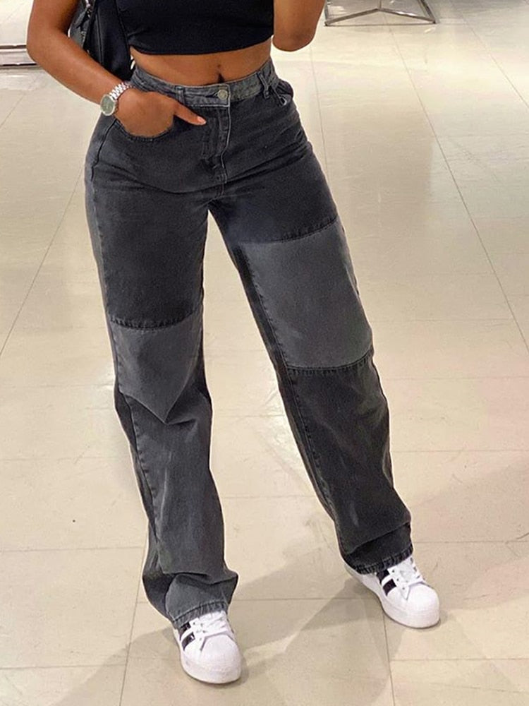 HEYounGIRL Patchwork Casual Blue Straight Long Jeans Pants Women Skinny Slim Elegant High Waist Denim Trousers Ladies Autumn
