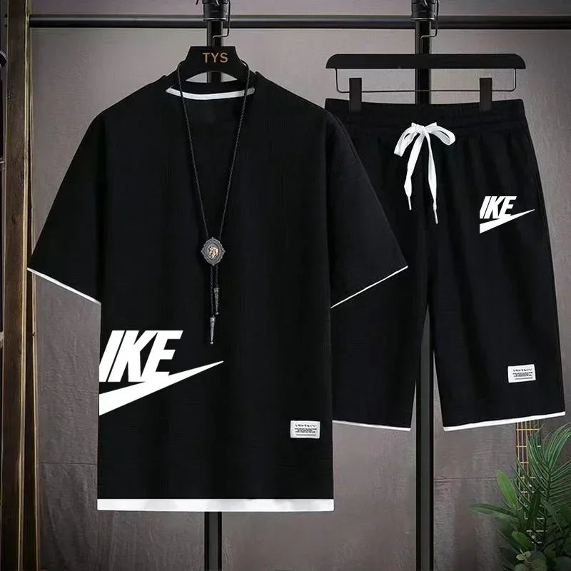 summer men casual short sleeved T-shirt shorts sports set, outdoor breathable jogging shorts 2-piece set.
