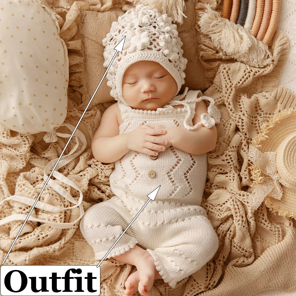 Newborn Photography Props Nordic Style Theme Set Knitted Hollow Jumpsuit Crochet Flower Hat Doll Rainbow Studio Baby Photo Props