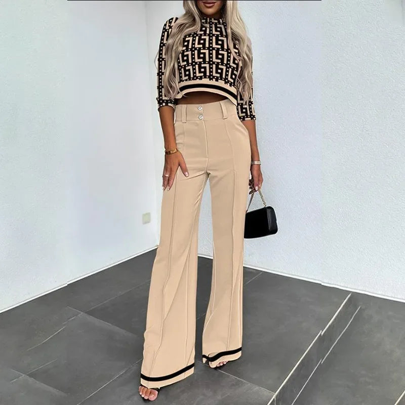 Autumn Winter New Arrivals Women's Clothing Fashion Temperament Pure Color Slim Waist Wide Leg Leisure Two-Piece Set