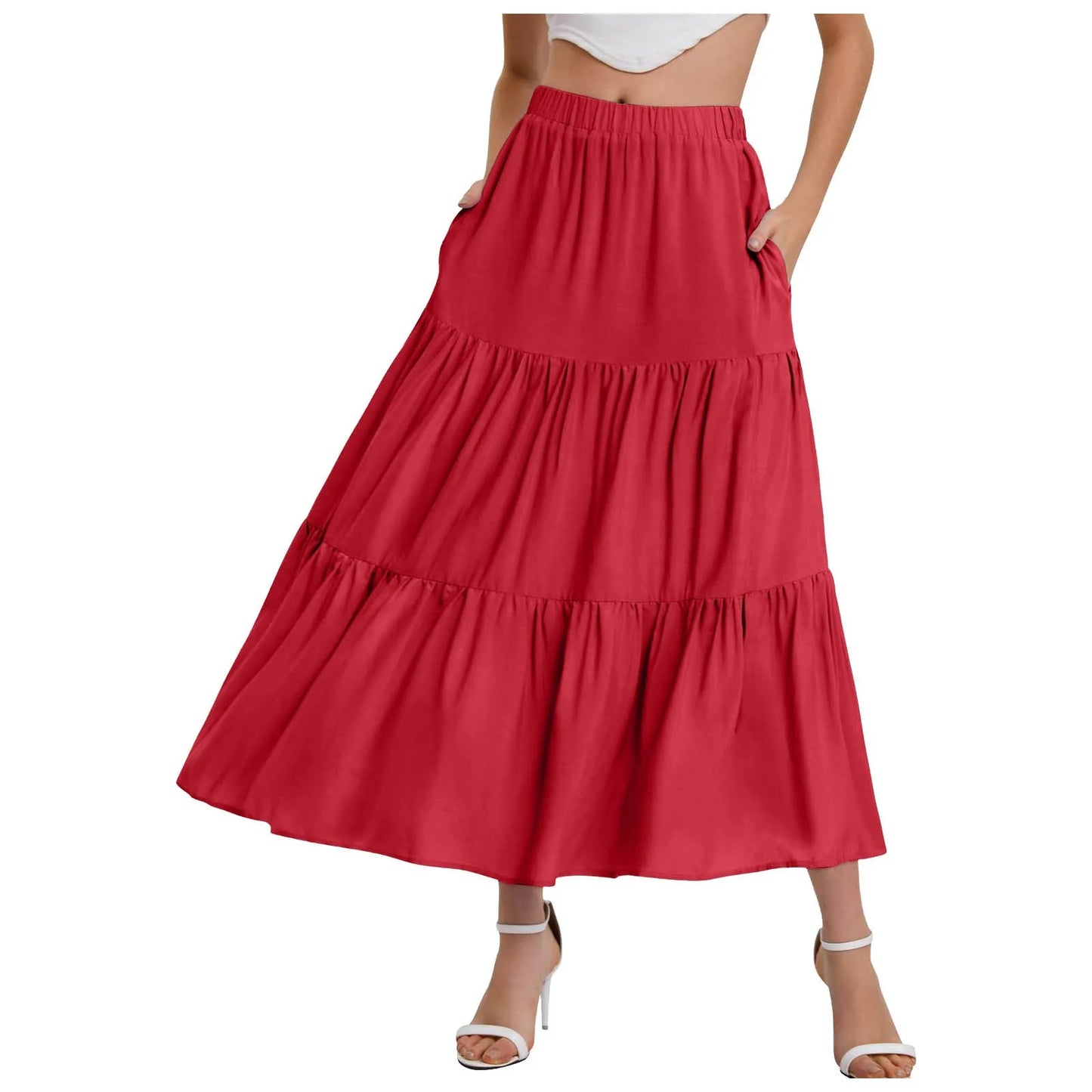 Skirts For Women Summer Bohemian Swing Beach Skirt High Waist A Line Flowy Skirts Pleated Layered Ruffle Hem Flowy A Line Skirt