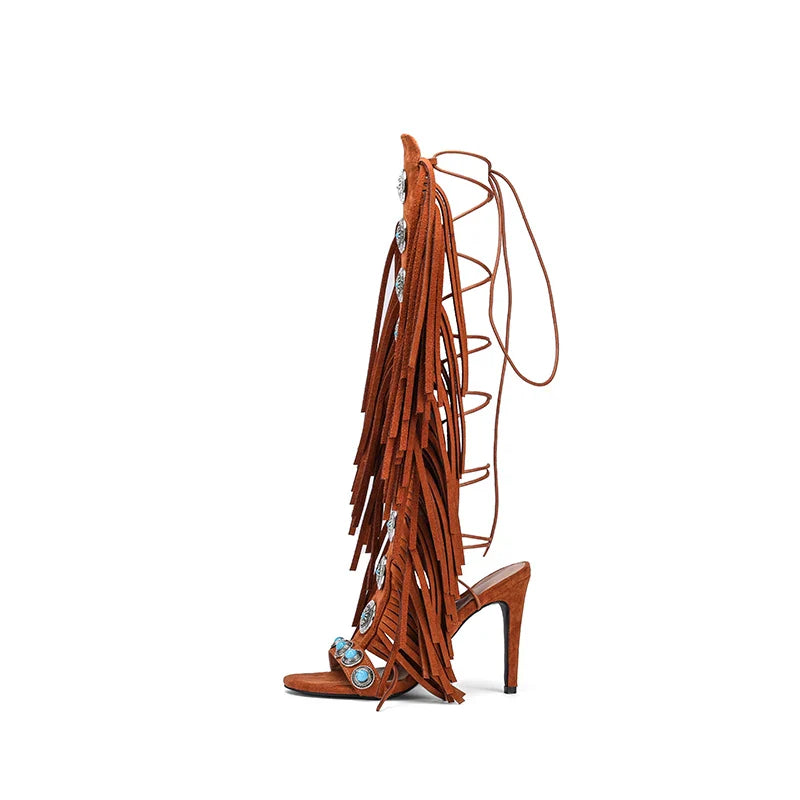 Real cow suede leather  tassels women sandals peep toe jewel lace up 10cm high heels