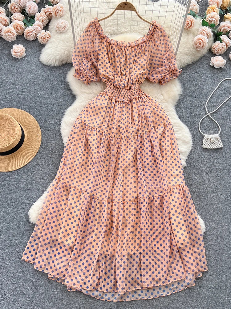 Summer Women Red/Green/White Polka Dot Chiffon Long Dress Beach Vacation Sexy Short Puff Sleeve High Waist A-Line Party Robe New