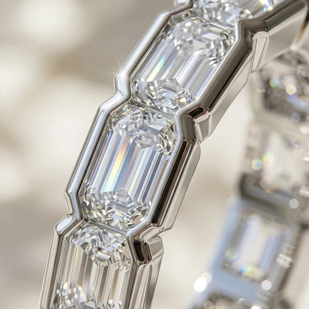 KNOBSPIN 3x5mm Emerald Cut Moissanite Eternity Band Ring D VVS1 Lab Created Diamond S925 Sterling Silver Wedding Rings for Women