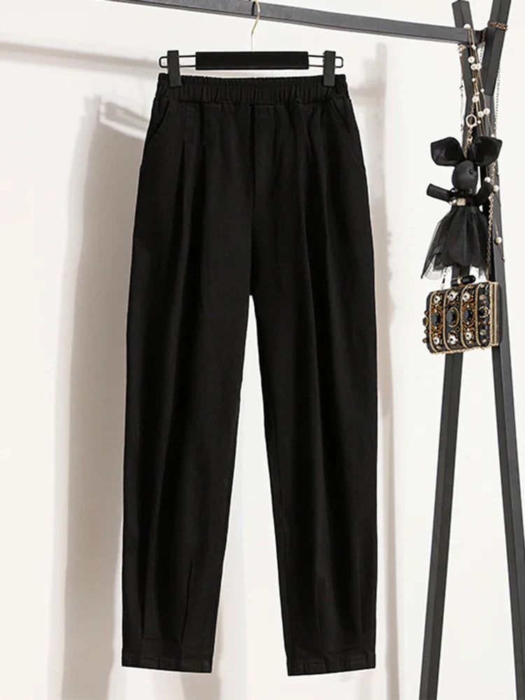 New 2024 Autumn Plus Size Jeans For Women High Elastic Waist Loose Blue Black Color.