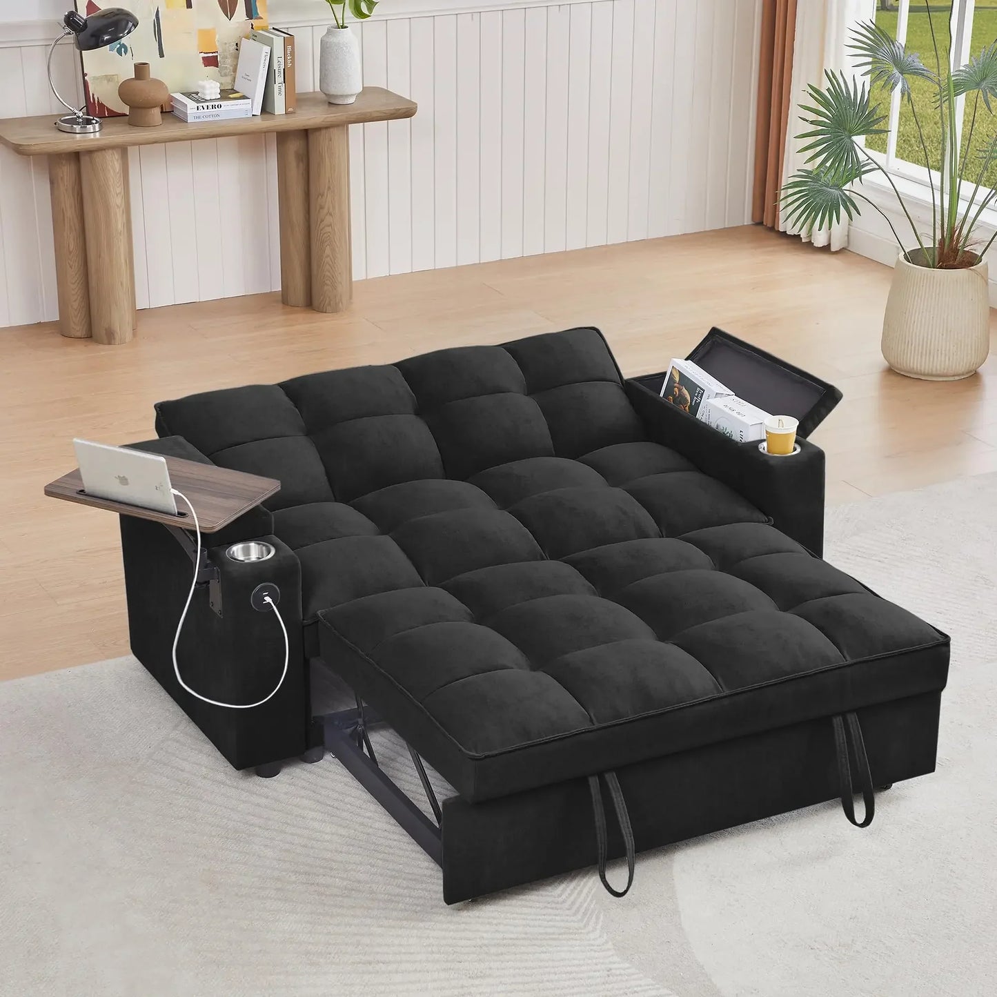 hansones 65'' 3-in-1 Folding Convertible Sofa Bed, Pullout Sofa, Modern Chenille Fabric, 360° Swivel Side Table, Easy Assembly,