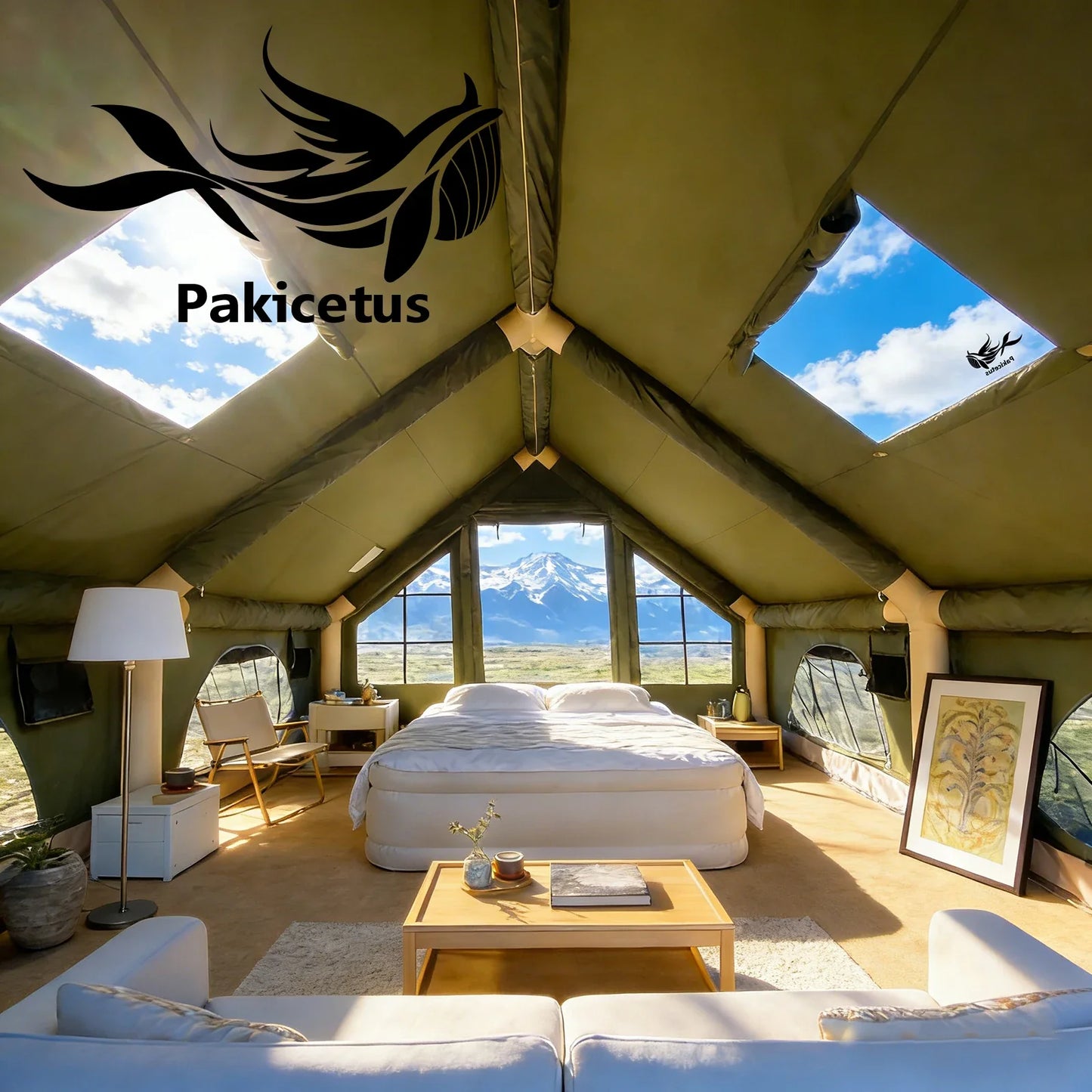 PAKICETUS Large Luxury Inflatable Glamping Tent with Manual Hand Pump, Easy Setup 4 Season Anti-Snow Spacious Family Shelter, Weatherproof Air Tent for Outdoor Camping, Backyard Party & Wilderness Adventure