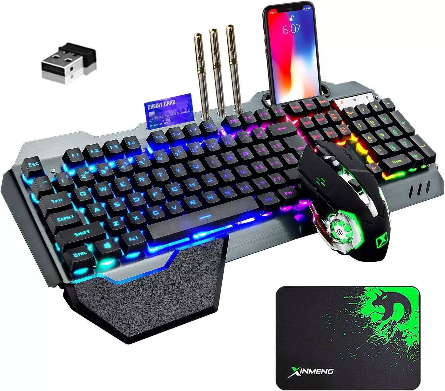 Wireless gaming Keyboard and Mouse Set Rainbow/RGB Backlit Rechargeable Keyboard and 7 Color Gaming Mute Mouse with Pad