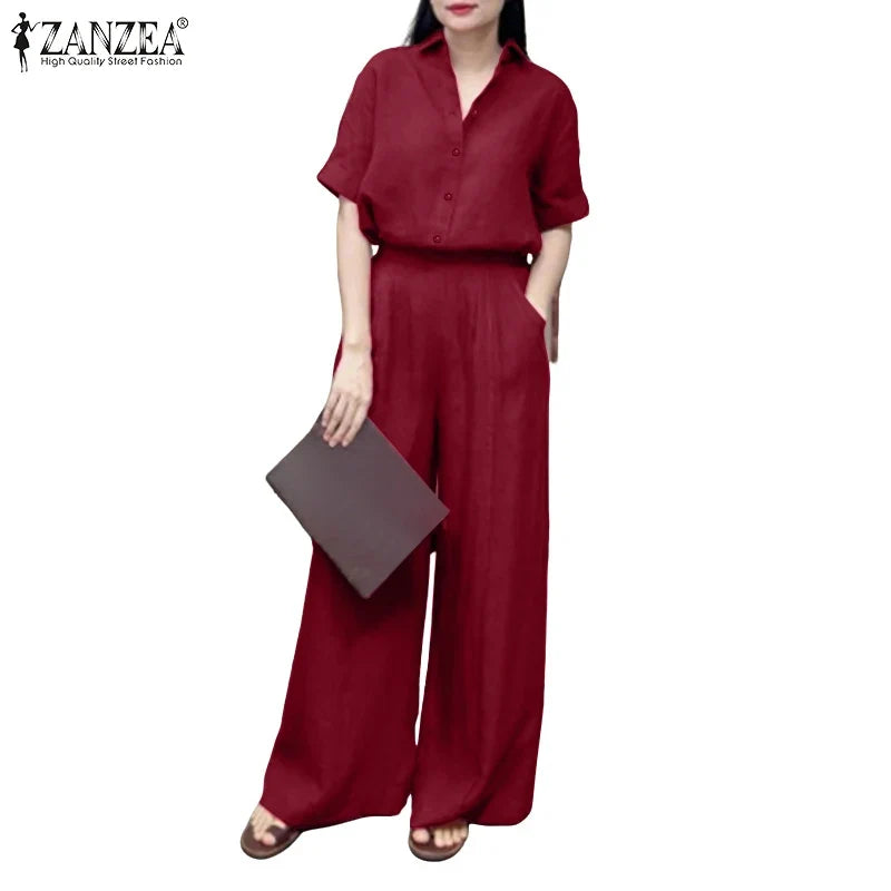 Summer Women's Casual Pant Suits Wide Leg Pant & Half Sleeve Shirt 2 Piece Sets ZANZEA Solid Color Commuting Day Wear Pant Sets