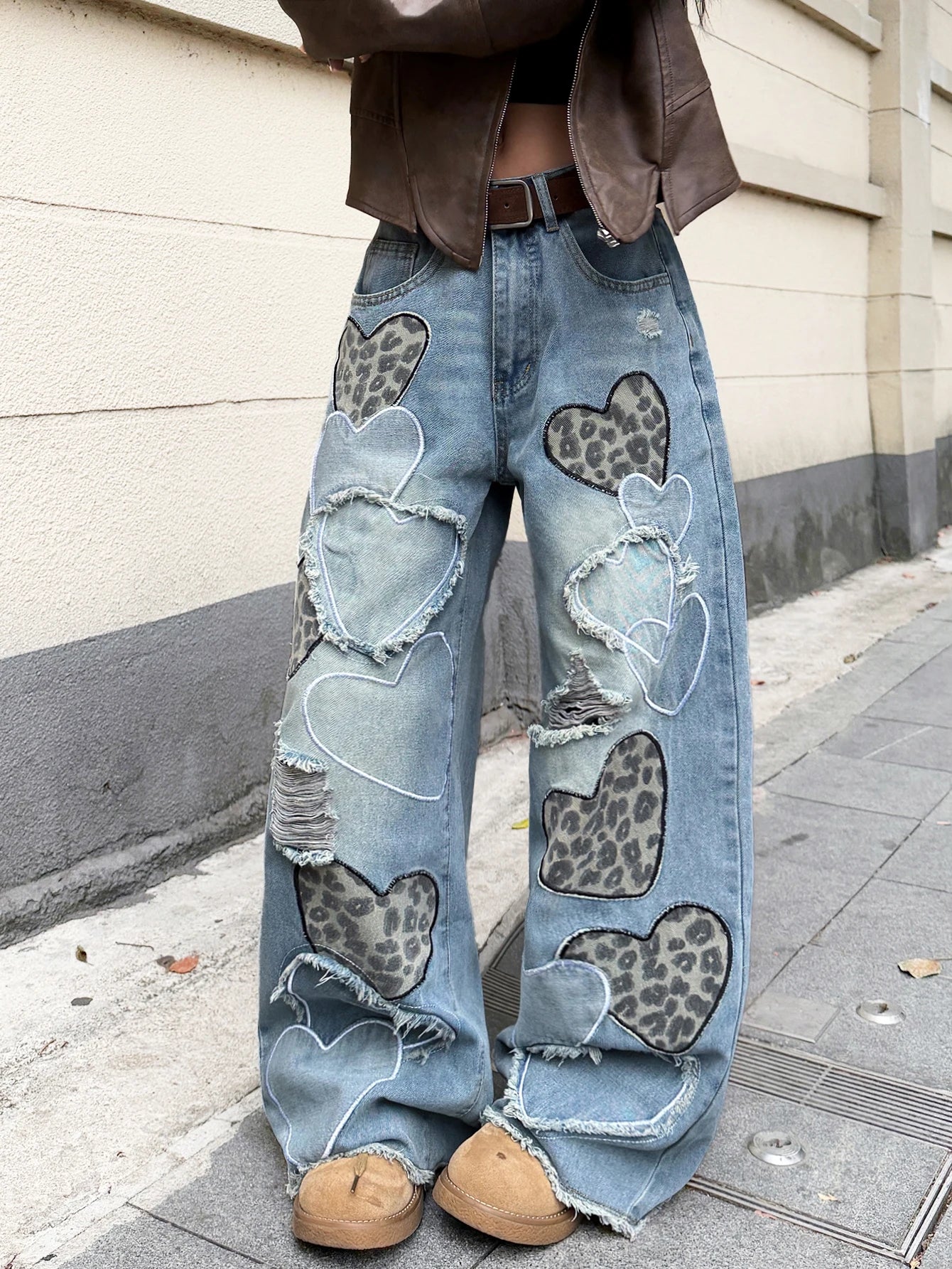 American Retro Heart-Shaped Leopard Print Patchwork Women's Loose High-Waisted Blue Wide-Leg Jeans, Street Fashion Niche Design Versatile Trousers