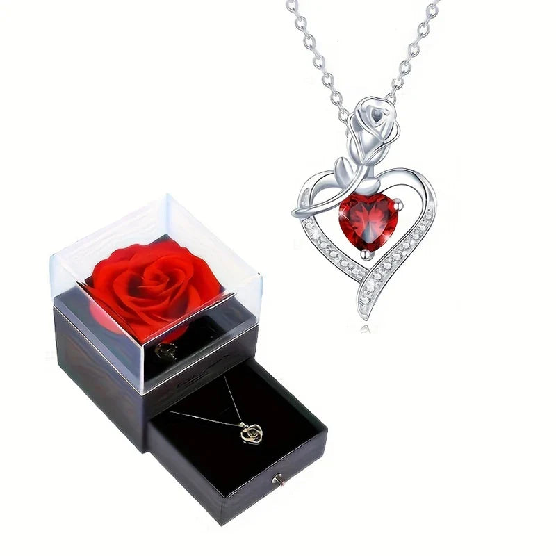 Luxury Red Zircon Heart Necklace With Rose Flower Gift Box For Girlfriend Birthday Valentine Gift  Romantic Accessories