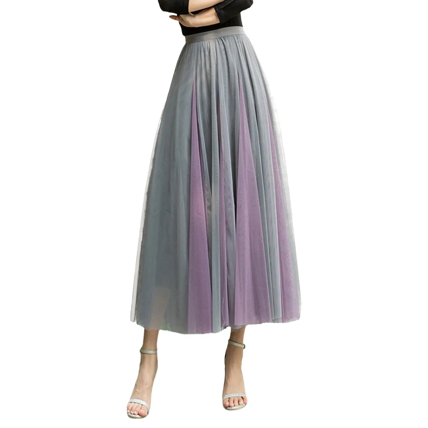 Women Color Block A-line Skirt Mid Length Drape Feeling High Waist Slim Mesh Skirts Carnival Festival Party Performance Costume