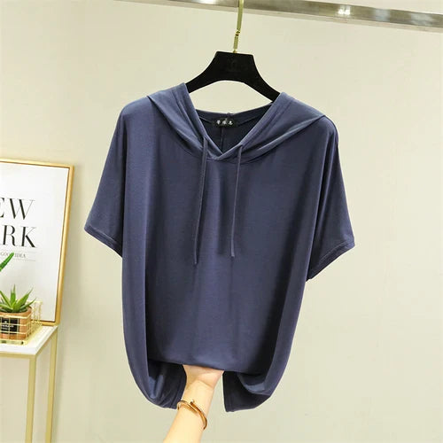 Thin T-shirts Women Hooded Fashion Loose Casual All-match Korean Style Solid Simple Y2k Aesthetic Футболка Женский Cozy Chic New