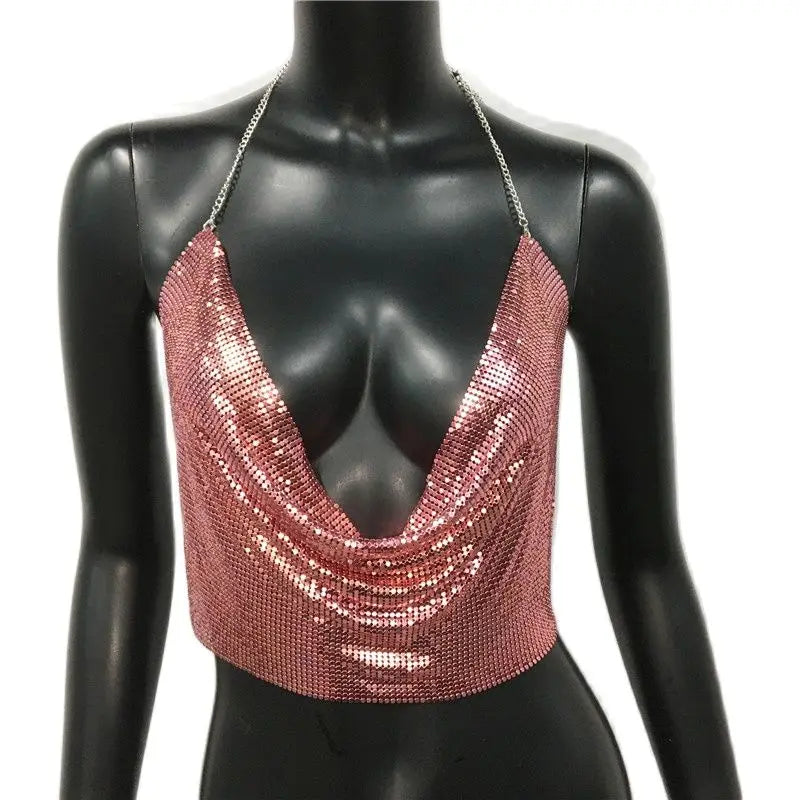 AKYZO Women 2023 Sexy Metal Sequined Tank Camis Summer Gold Silver Backless Cropped Glitter Beach Club Show Wear Tank Tops