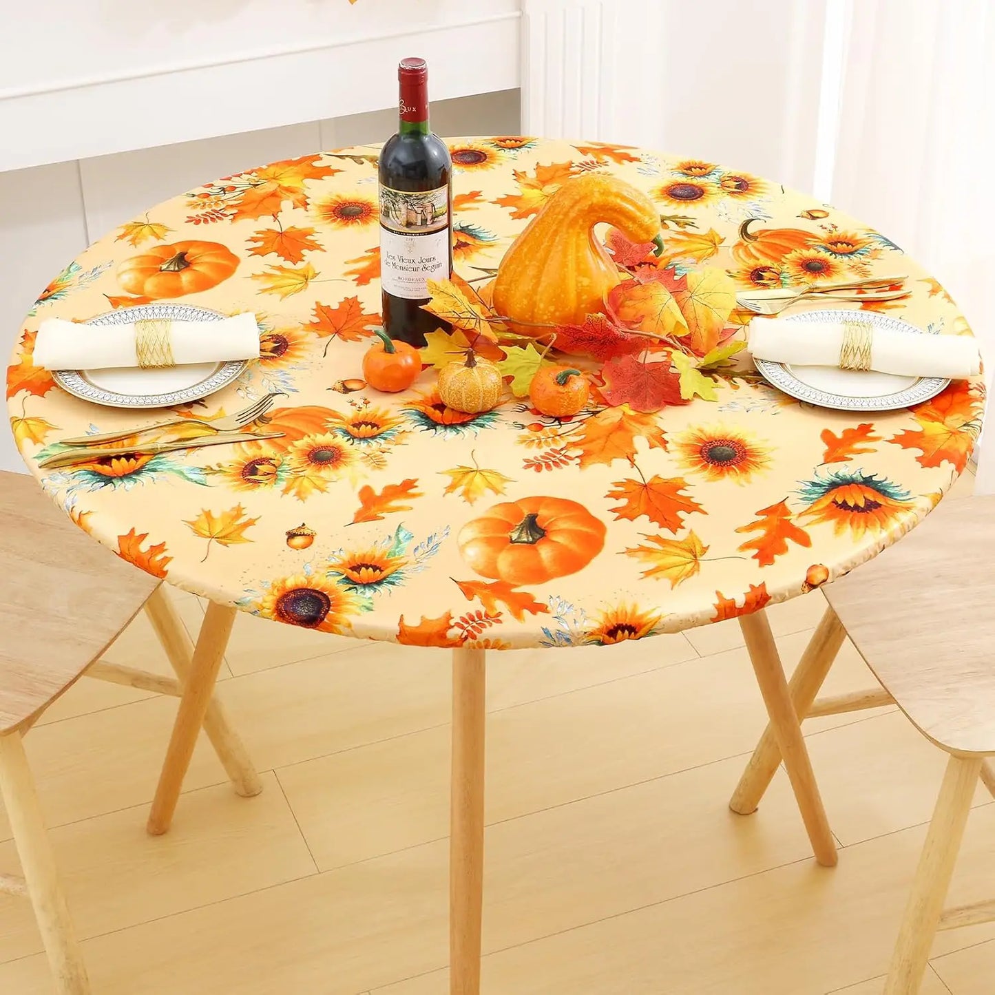 Waterproof PVC Flannel Table Cover Elastic Fitted Tablecloth Floral Pumpkin Christmas Pattern Dining Party Decoration