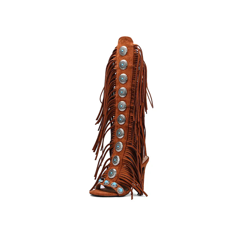 Real cow suede leather Tassels women sandals sexy high heel crystal lace up women shoes
