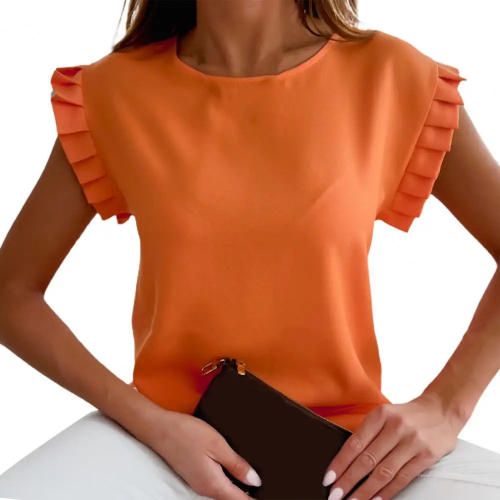 O-Neck Elegant Simple Lady Shirt Ruffle Short Sleeve Solid Color Summer Blouse Women's Tops Blusa Mujer Female Blusas