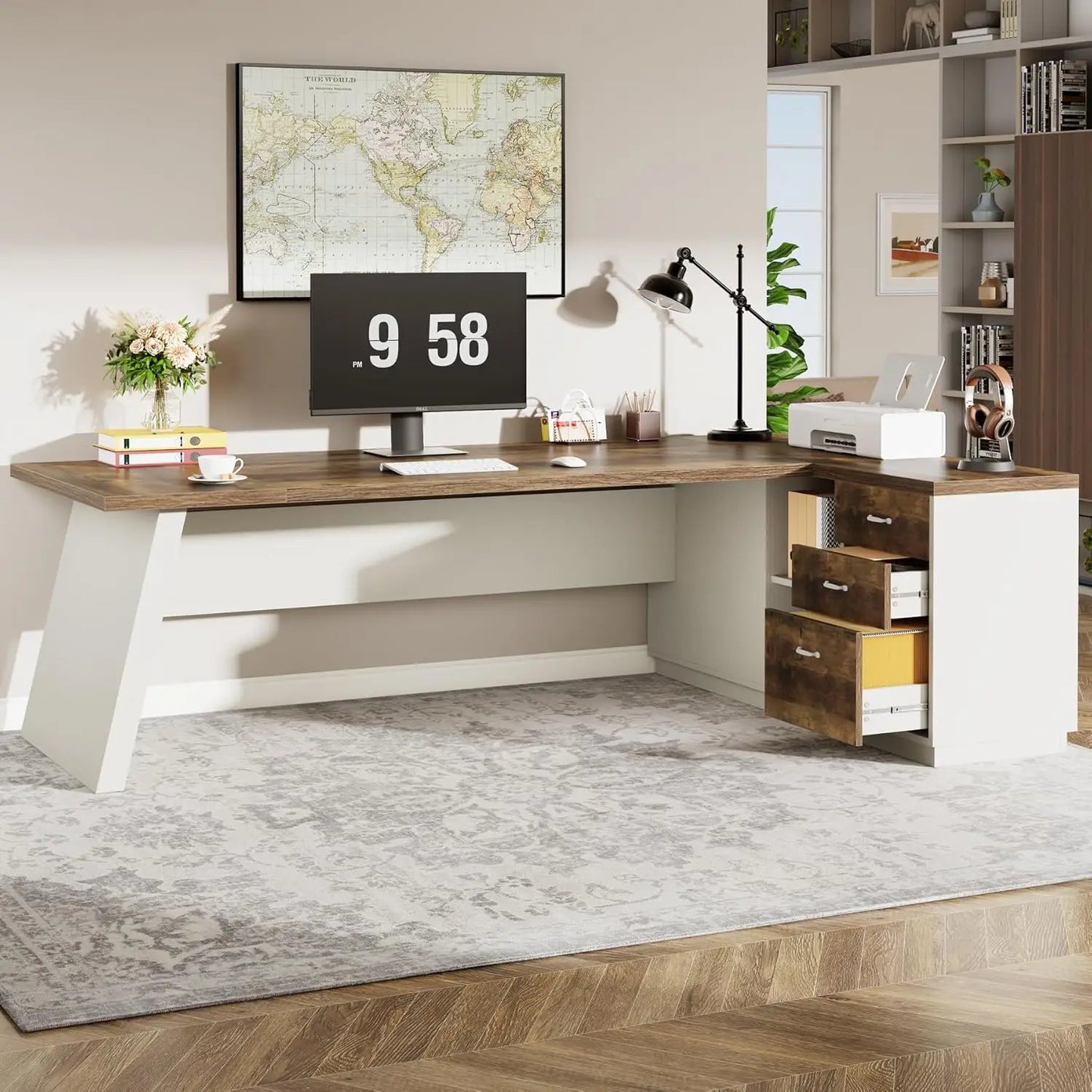 L-Shaped Executive Desk with  Drawers and Lateral File Cabinet,