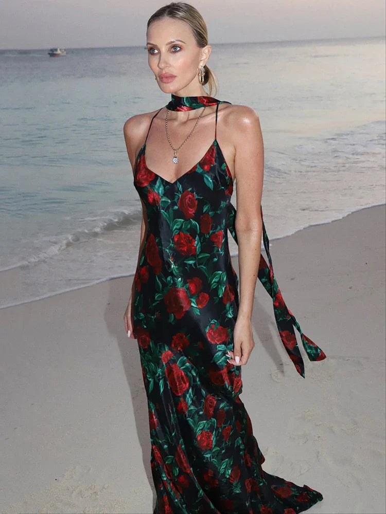 Mozision Halter Backless Print Sexy Maxi Dress For Women Gown Elegant Sleeveless High Waist Evening Club Party Long Dress