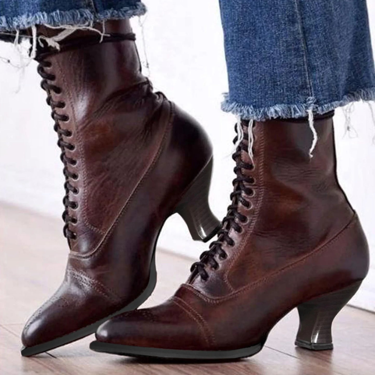 Gothic Women's Boots Toe Heel Ankle Lace Up Pointed toe Boots High Vintage Stretch Cross Tied Shoes zapatos para mujeres