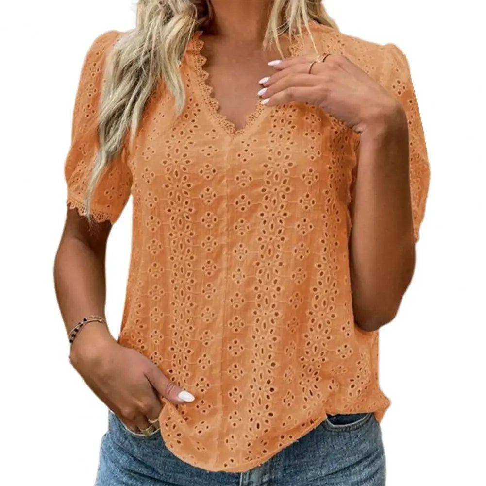 Elegant Women's Casual White Lace Shirt Blouses Office Summer Ruffles Short Sleeve Shirts For Women Hollow Out Simple Top Female