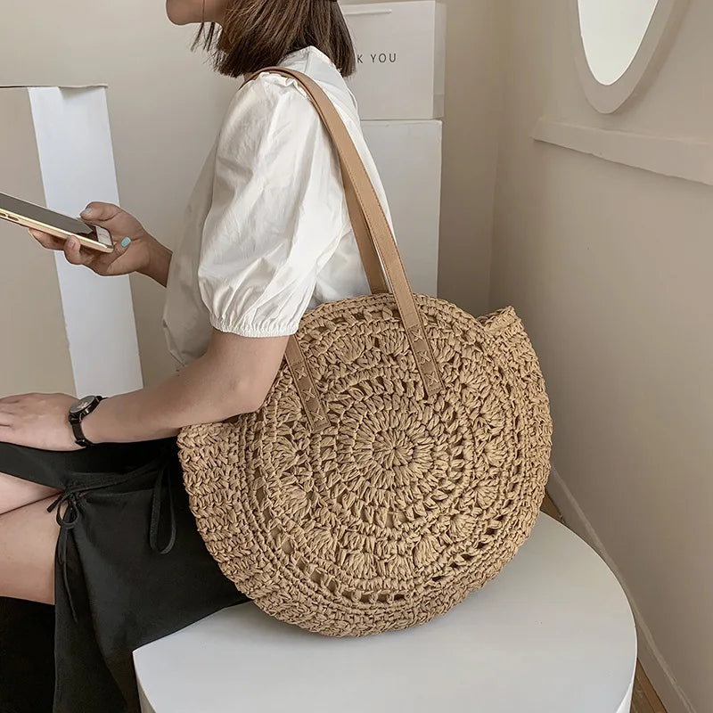 Round Straw Beach Bag Vintage Handmade Woven Shoulder Bag Raffia circle Rattan bags Bohemian Summer Vacation Casual Bags