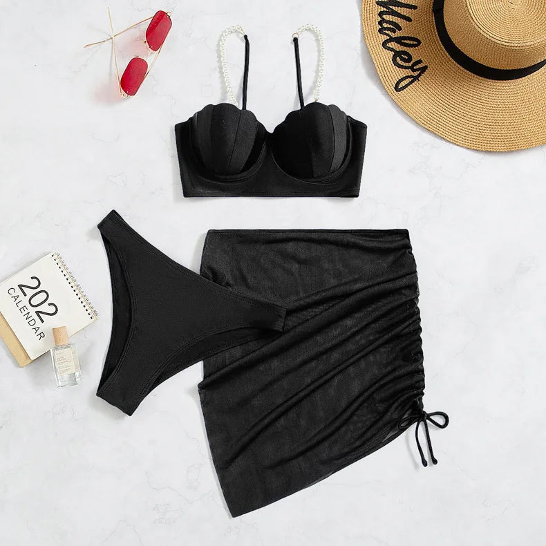 New Swimsuit Women Three Piece Set Solid Blue/Red/Orange/Black Summer Bikini European American Scallop 2024 Swimsuits Wholesale