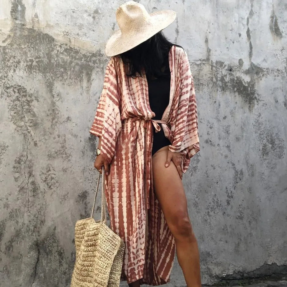 2023 Women's Boho Stripe Tie Dye Swimsuit Cover Up with Belt Tunic Sarong Cardigan Dress Bikini Cover-ups Beach Wear Kimono