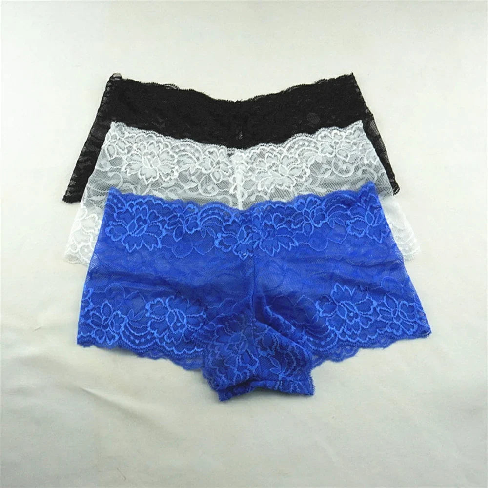 3pcs M-XXL Female Boxers Underwear Silk Boyshorts Women Transparent Panties Shorts Ladies Perspective Lingerie