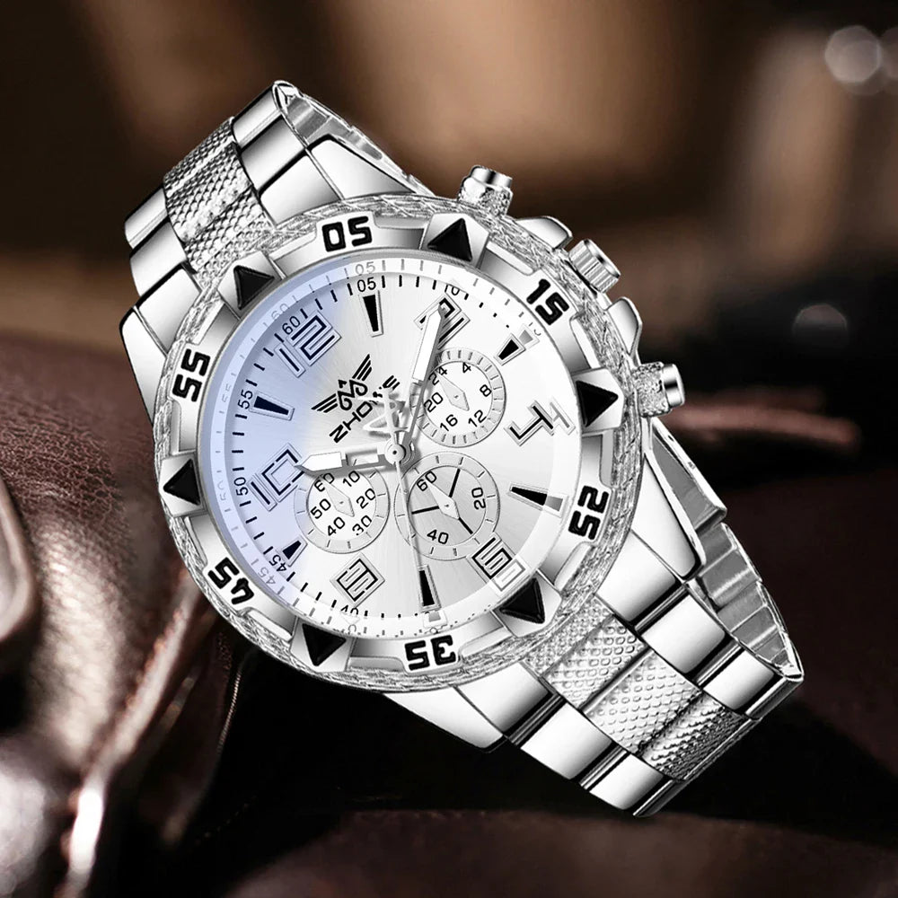 4PCS Silver Men's Fashion Casual Quartz Watch Bracelet Necklace Ring Set.