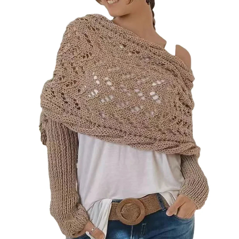 〔CC88〕Autumn and Winter Long Shawl Knitted Hollow Out Fashion Casual Wraps Shoulder Sweater Scarf with Lengthened Double Sleeves