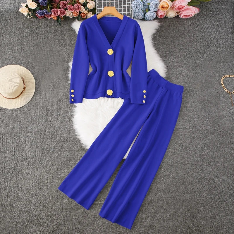 2024 Autumn Winter Knitted Set Women Casual Gold Button V-Neck Long Sleeve Sweater Cardigan Coat + Wide Leg Pants Two Piece Sets