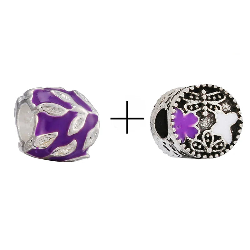 BRACE CODE 2Pcs/Lot Pan Spring New Purple Charm Love Floral Diy Beads Pendant Making Men's Women's Children's Fine Bracelets