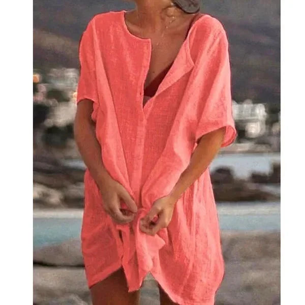 2024 Women's Cotton Linen Beach Dress Solid Summer Casual Cover-ups Midi Dresses Soft Loose Tunics Female Shirt Dress Robe S-5XL