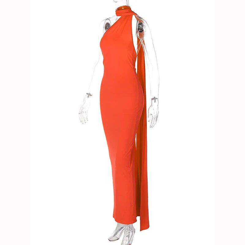 Hugcitar One Shoulder Backless Adjustable Scarf Loop Ruched Sexy Maxi Dress 2025 Women Elegant Y2K Streetwear Festival Outfit