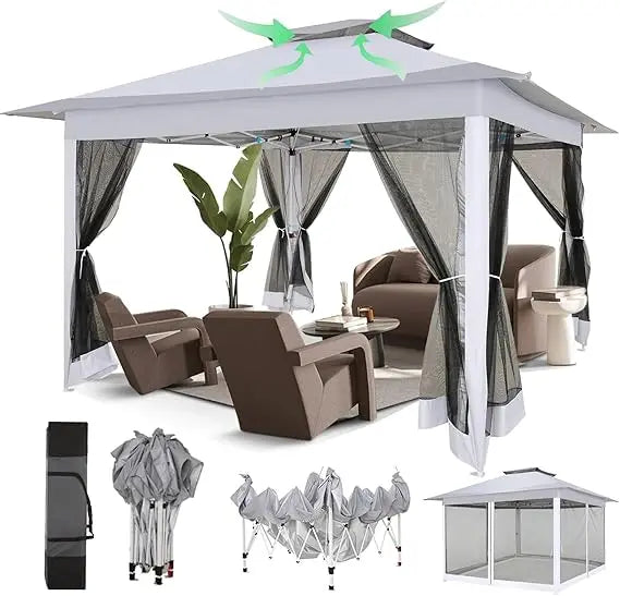 12x12 Pop Up Gazebo Canopy Tent Easy Up Outdoor Gazebo Waterproof Upgrade Portable Gazebo with Mosquito Nettings, Double Vented