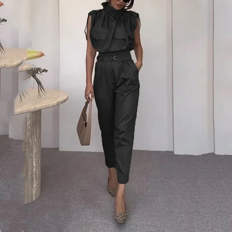 Autumn Winter New Women's Clothing Personalized Shoulder Slimming Waist-Slimming Belt Decoration Blouse Blazer Pants