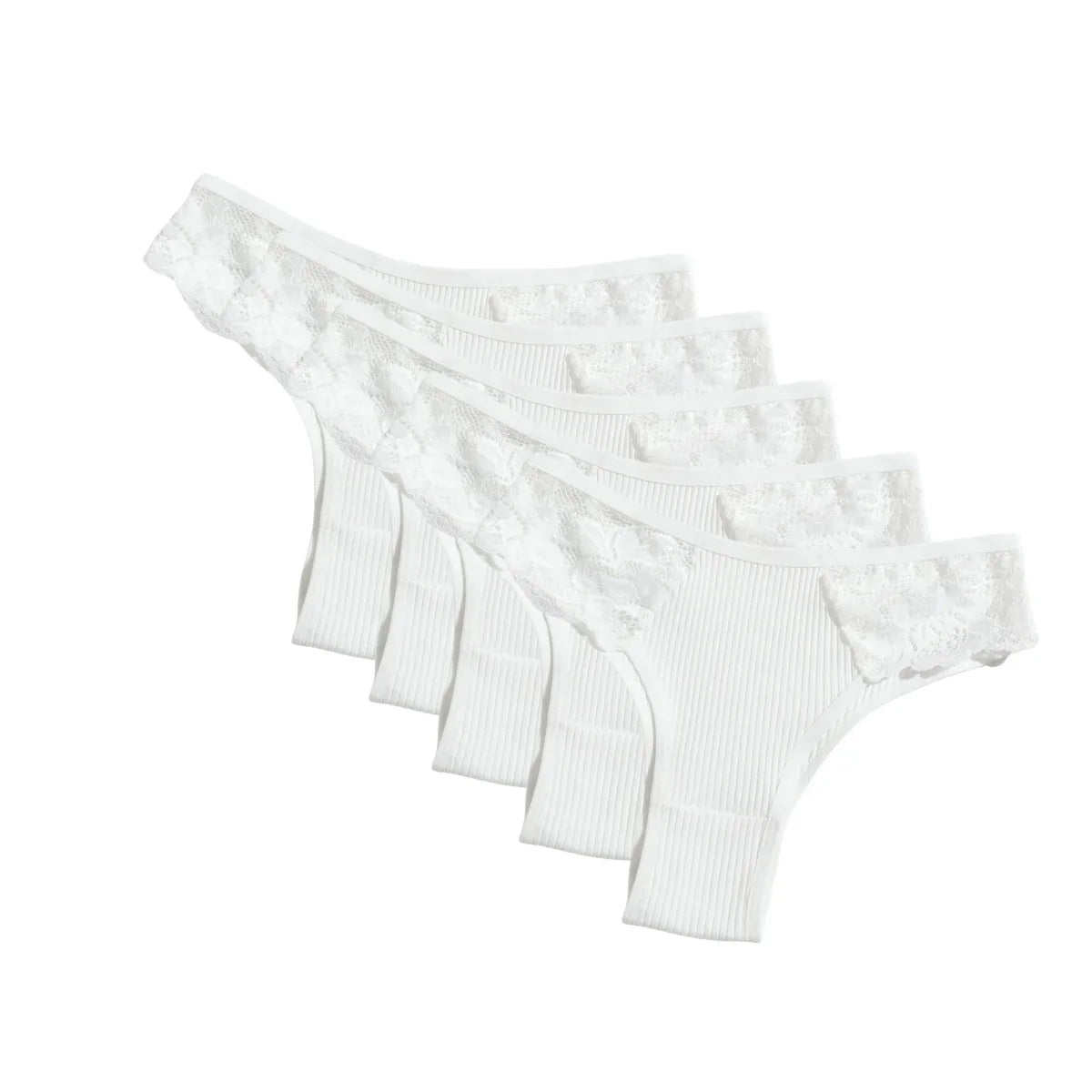 5Pcs/Set Women Cotton Panties Floral Lace Side Panel Low Rise Rib Briefs Low Cut Underwear Comfort Sexy Lingerie Daily Bikini