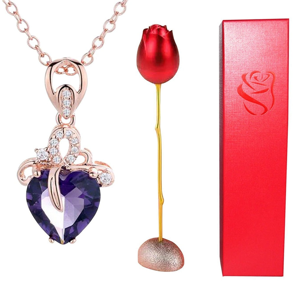 Rose Holder Eternal Love Necklace Set Romantic Rhombus Zircon Pendant With Immortal Valentines' Day Gifts