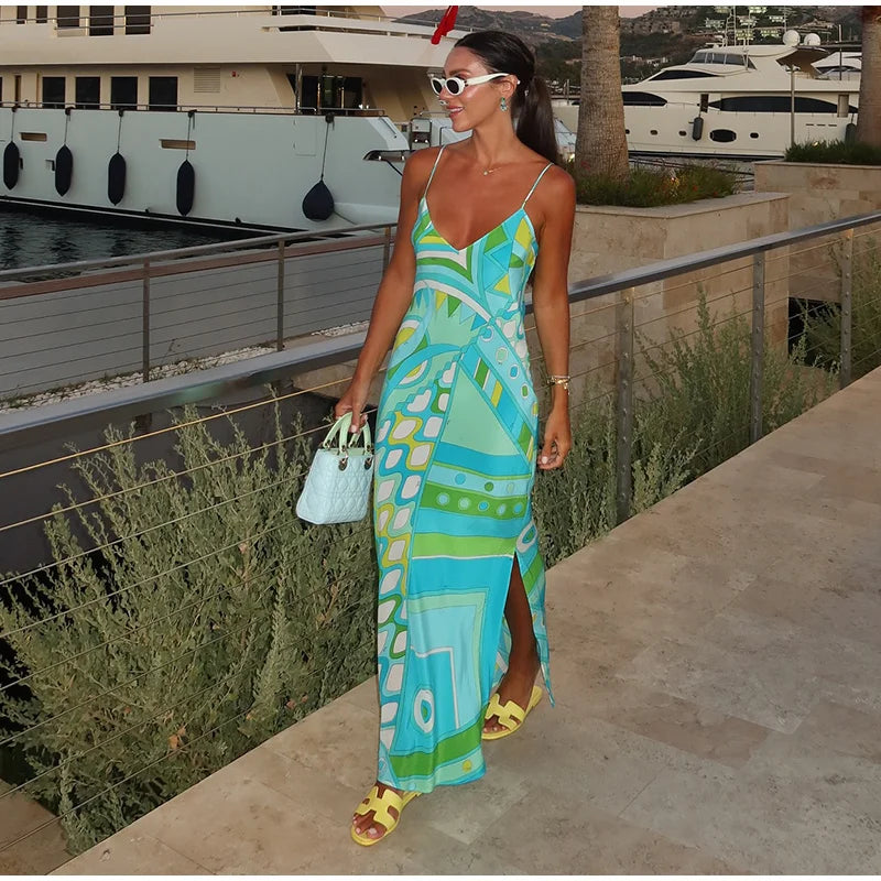 Chic Print Sling Long Dress Women Sleevless Backless Side Split Party Dresses 2025 Summer Street Beach Lady Ankle-length Robes