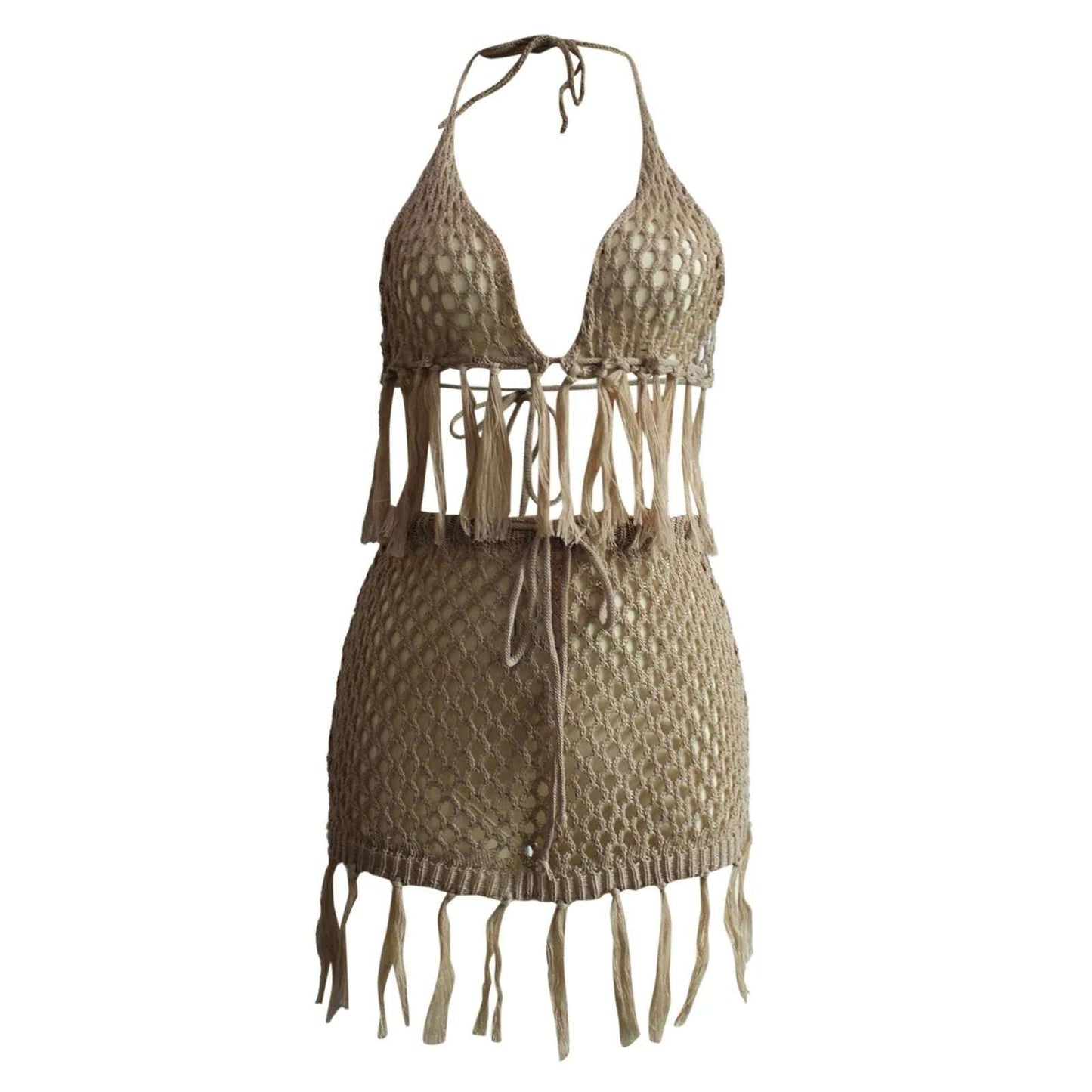 Women'S Sexy Halter Deep V Bikinis Set New Hollow Knit Tassels Swimsuit Drawstring Lace Up Bikini Cover Up 3 Pieces Swimsuit