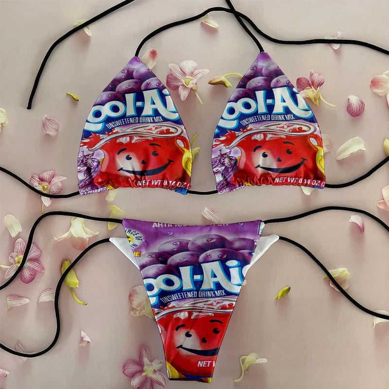 Funny food and potato chip print summer swimsuit women sexy bikini panties thong G-string swimming trunks beachwear