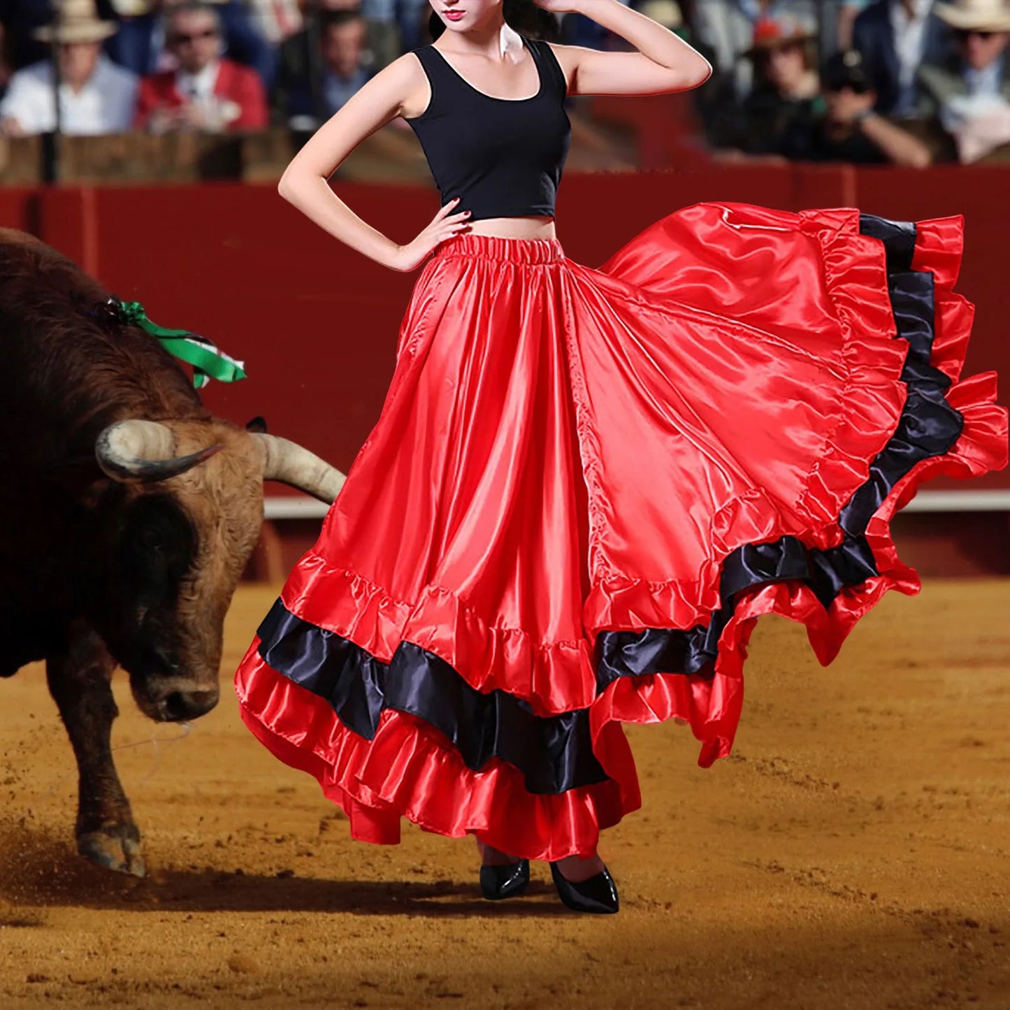 Womens Spanish Bull Dance Skirt Belly Dance Skirt Large Swing Skirt Ruffle Long Full Folkloric Mexican Skirt Flowy Dancing Dress