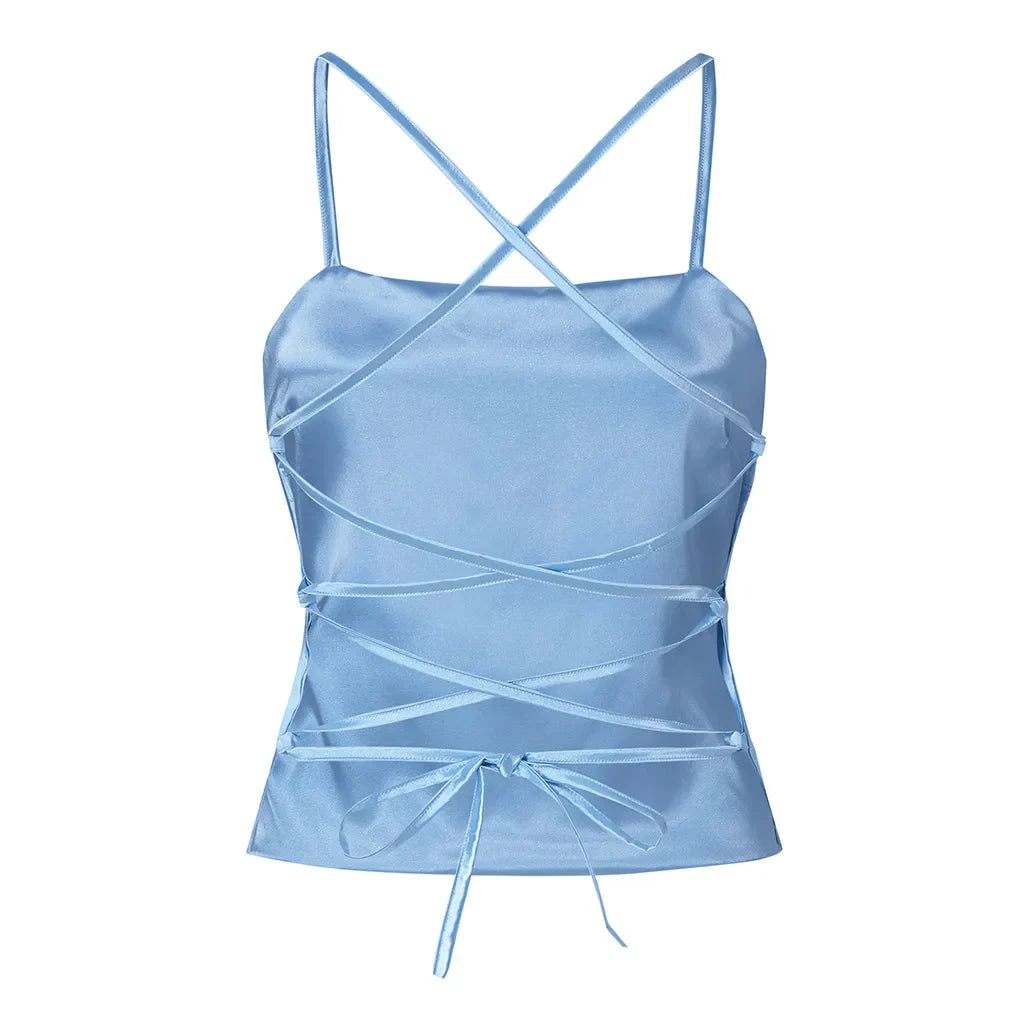 Slim Backless Crop Tops Soft Ice Silk Sexy Camisole Women's Club Party Bandage Camis Y2k Sexy Tank Tops Blusas Ropa De Mujer