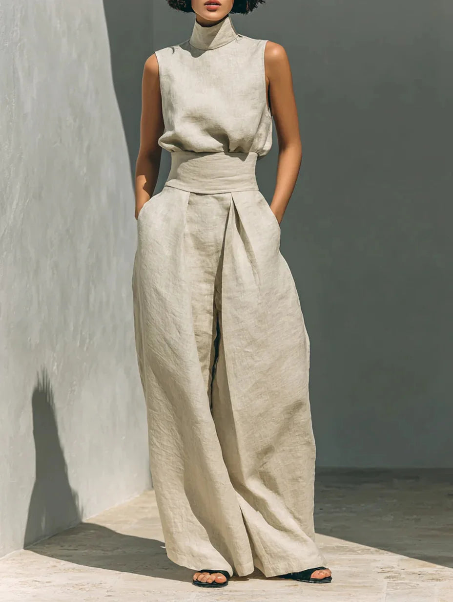 casual Solid Cotton Linen two-piece set for Women Sleeveless Turtleneck Top +High Waist Pants Set New Summer Button Loose Outfit