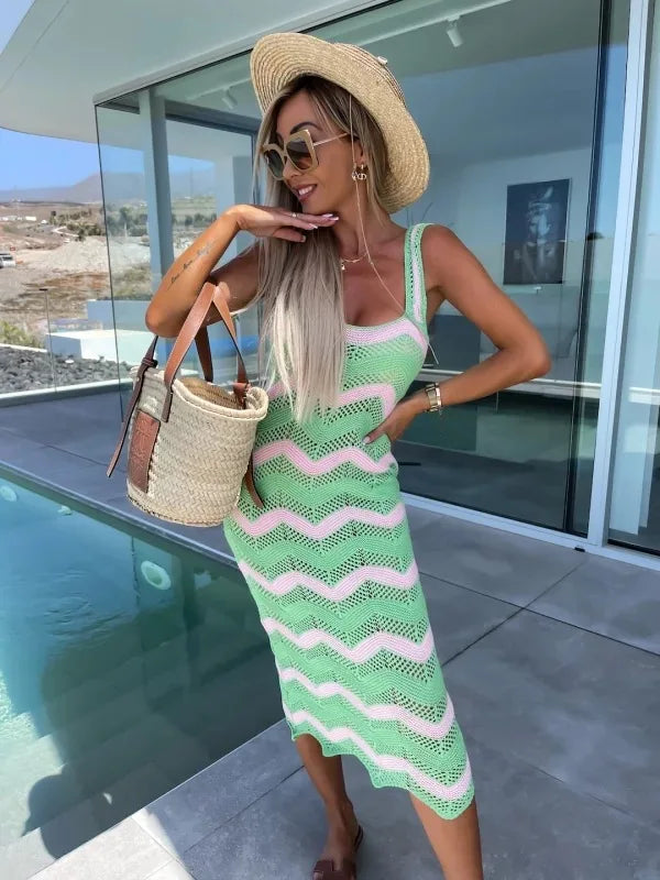 Wepbel Bodycon Dress Slim Summer Sweater Dress Summer Women's Color Knit Beach Wear Matching Wave Pattern Sun Sheath Dress