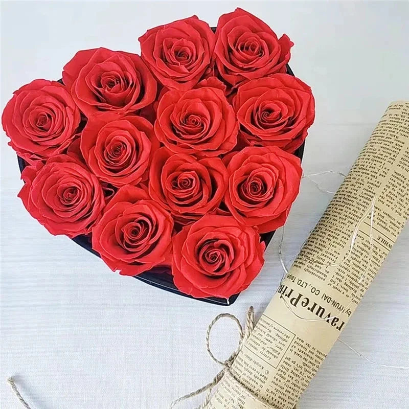 12-13PCS Peserved Roses in Heart Shape Box 100% Natural Long Last Real Eternal Real Rose Mothers Valentines Day Gifts Home Decor