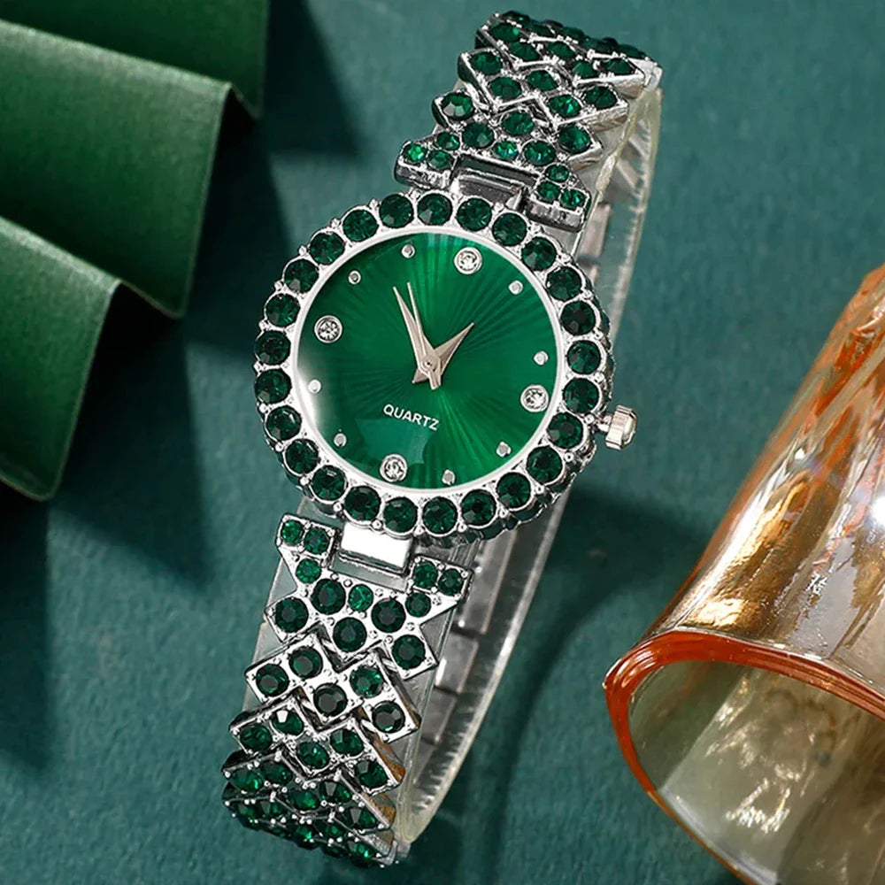 Women Fashion Watches Heart Rhinestone, Ring ,Necklace ,Earring  Jewelry Set.